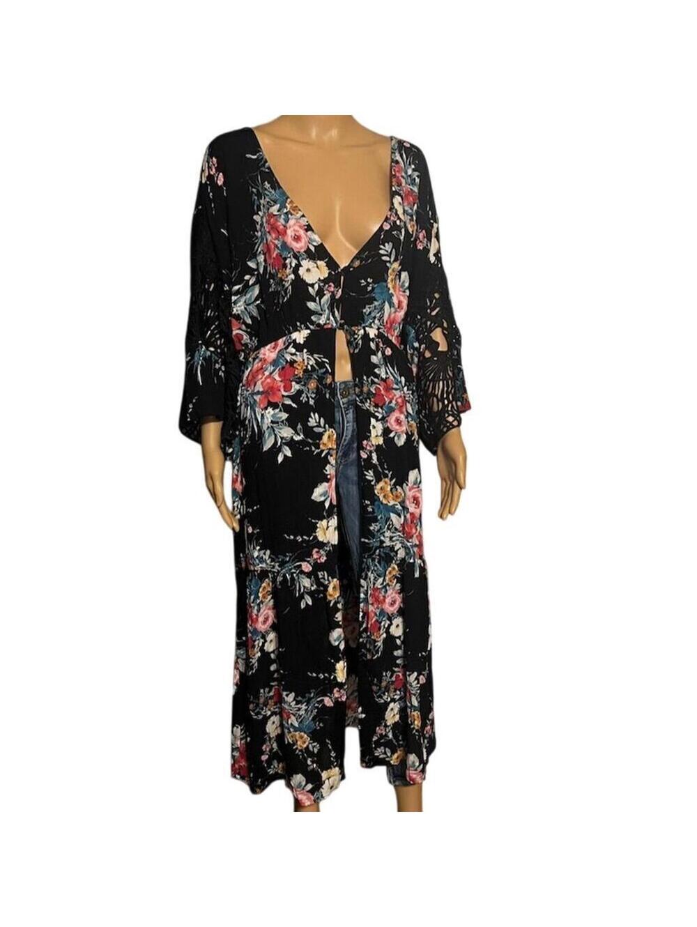 Love is for Eternity Black Floral Kimono Cover-Up Size M - Picture 2 of 7